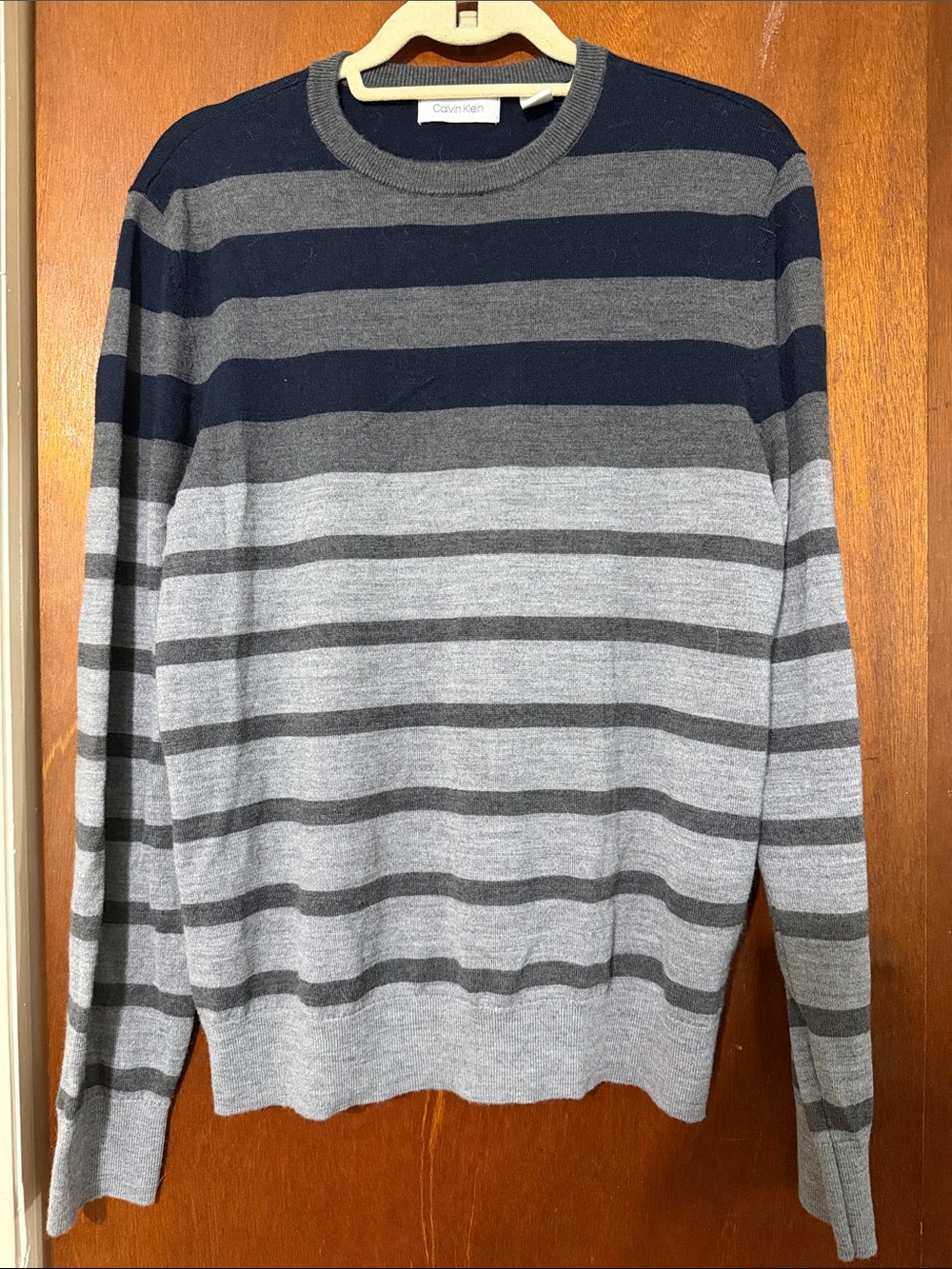 Calvin Klein Men's Navy and Gray Striped Crewneck Sweater